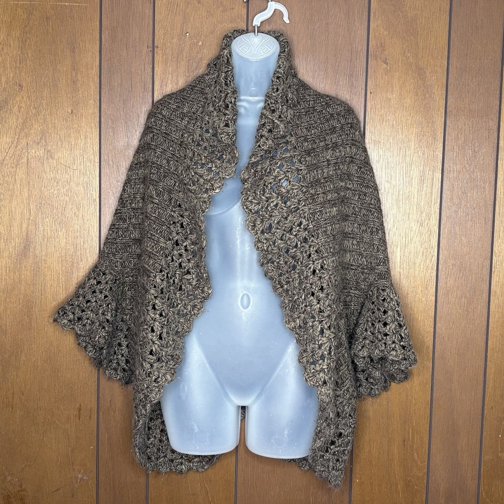 Y2K Boho Crochet Knit Shrug Cardigan Medium Brown Open Front Festival Twenty One